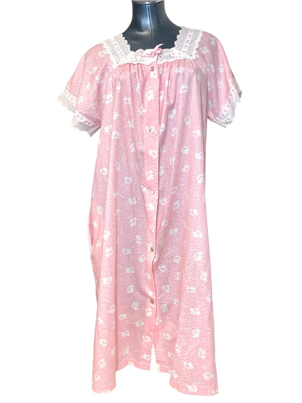 Vintage Lorraine Pink Floral House Dress Nightgown Eyelet Lace Mumu Dreamy